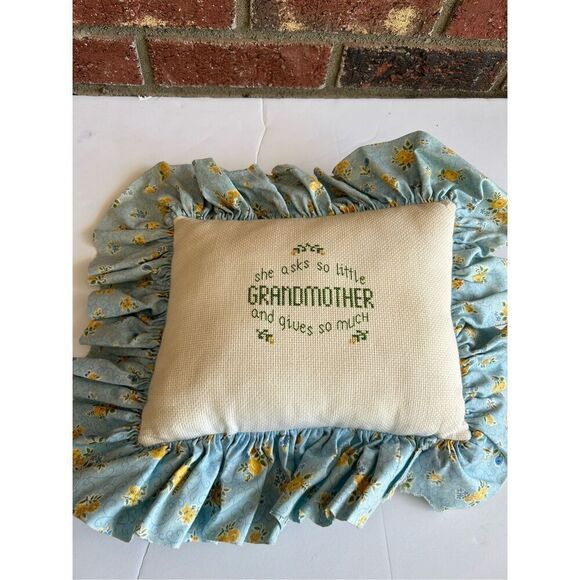 Grandmother cross stitch pillow blue yellow 14"x13" - Picture 2 of 6